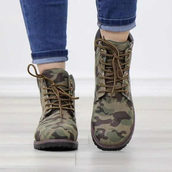 Women's Camouflage Combat Lace-up Ankle Boots Low Heel Casual Short Booties - Picture 10 of 15